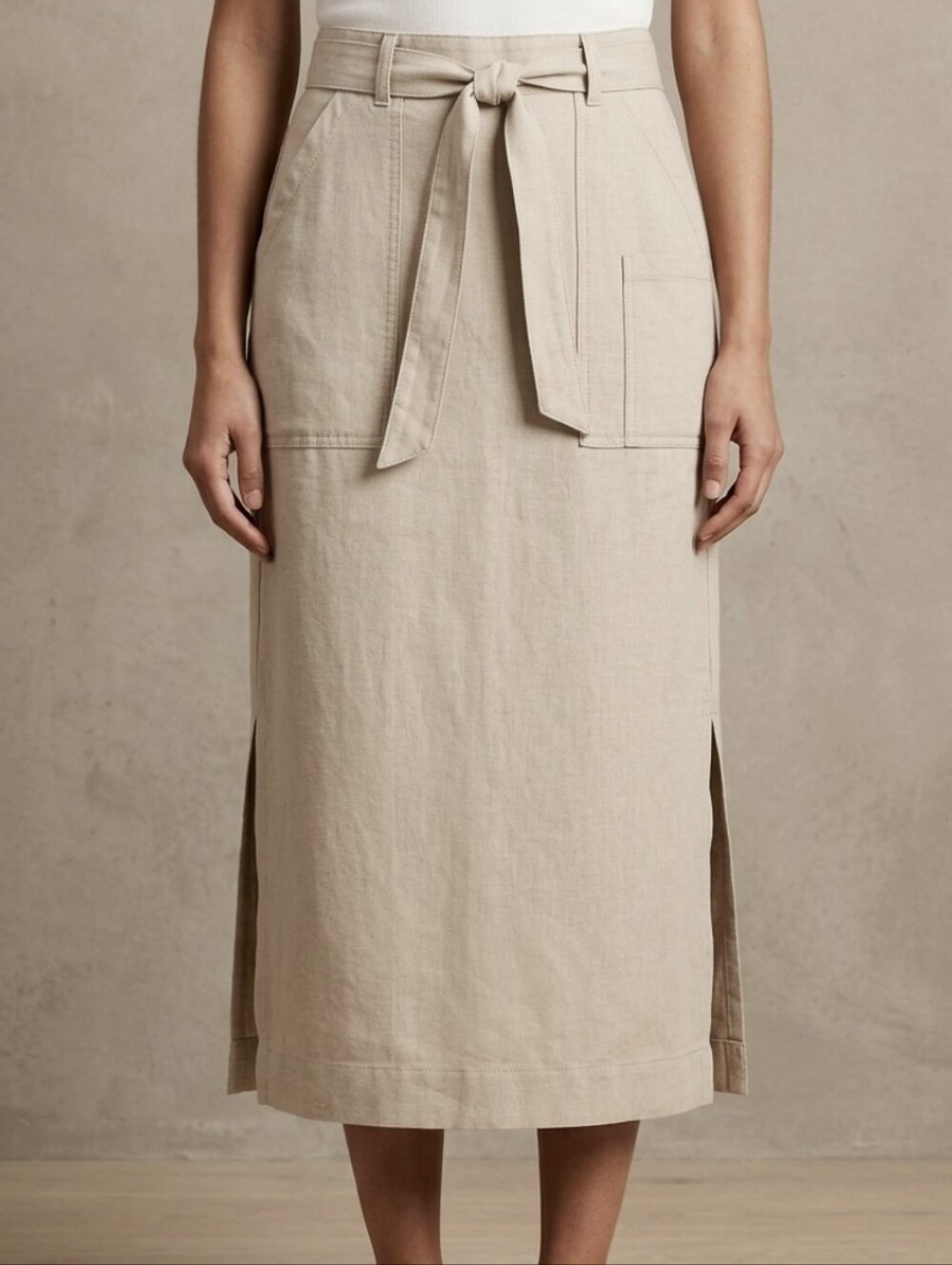 Orvis Linen Midi Skirt Sz 4 Beige Tan Tie Waist Pockets Side Slits Coastal Boho
